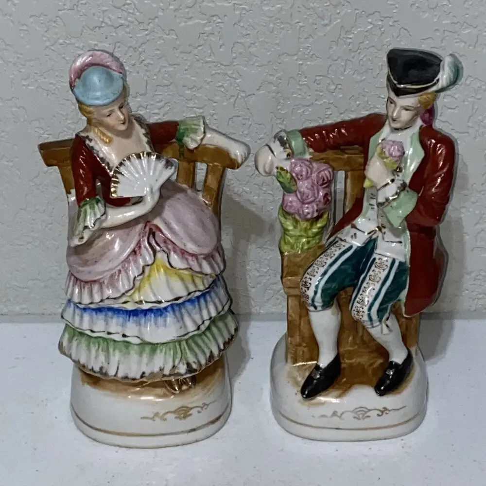 VTG Made In Occupied Japan Seated Man Woman Victorian‎ Couple Figurine Pair 9”